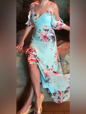 Love in Bloom Blue Floral Print Off-the-Shoulder High-low Dress